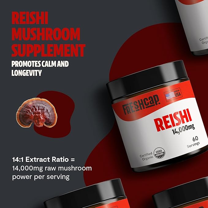 FreshCap Reishi Mushroom Powder 14,000mg - Reishi Mushroom Extract, Mushroom Supplement Powder, Organic Mushroom Powder, Ayurveda Nootropic Red Reishi Supplement Mushroom Blend (60 Servings)
