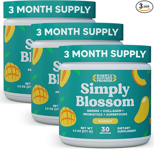 Simply Blossom Nutrition Daily Greens & Superfood Powder + Collagen + Probiotics for Women's Digestive Health & Bloating Relief. Help Your Health Bloom - 3 Month Supply - Mango