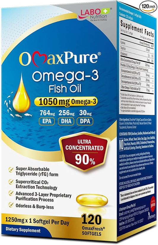 LABO Nutrition OmaxPure Omega 3 Fish 1125mg Omega-3 Omega-3 with 120 Count, CO2 Extracted