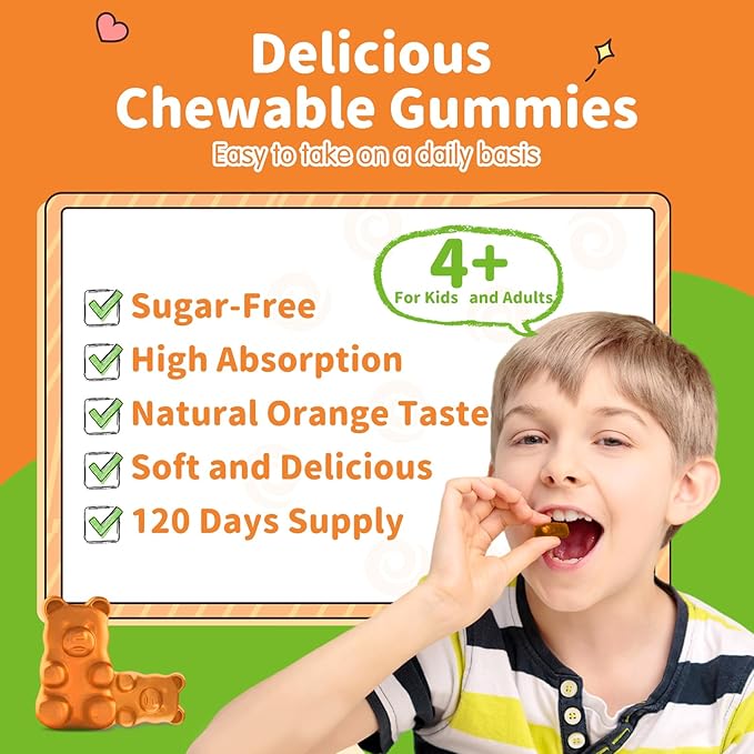 Magnesium Gummies for Kids - Magnesium Glycinate, L-Threonate Supplement with L-Theanine, Vitamin B6, D3 for Adults & Kids, Calm Magnesium for Sleep, Relaxation, Brain, Bones,Sugar Free Orange 120ct