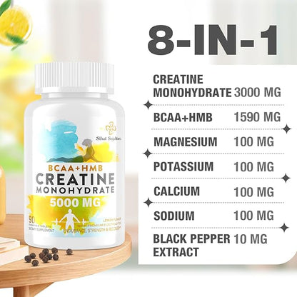 8-in-1 Creatine Monohydrate with BCAA & HMB, 5000 mg for Men & Women, Creatine Chews for Muscle, Recovery, Endurance & Strength, High Absorption, Lemon Flavor, Sugar-Free, 90 Tablets
