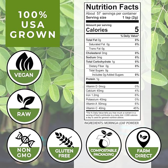 100% USA Organically Grown Moringa Leaf Powder, Premium, Non-GMO, Vegan-Raw, Gluten-Free, Pure Moringa Leaf: Energy, Weight, Recovery, Natural Superfood, Ecofriendly Package (4oz)