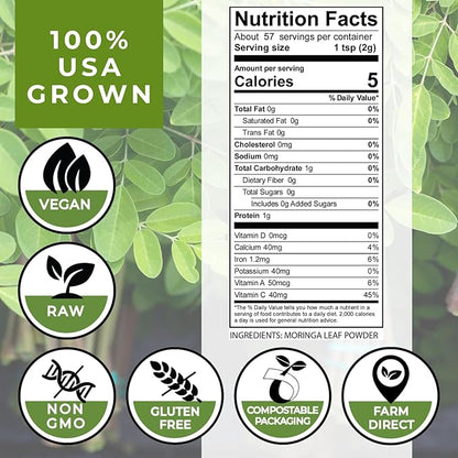 100% USA Organically Grown Moringa Leaf Powder, Premium, Non-GMO, Vegan-Raw, Gluten-Free, Pure Moringa Leaf: Energy, Weight, Recovery, Natural Superfood, Ecofriendly Package (4oz)