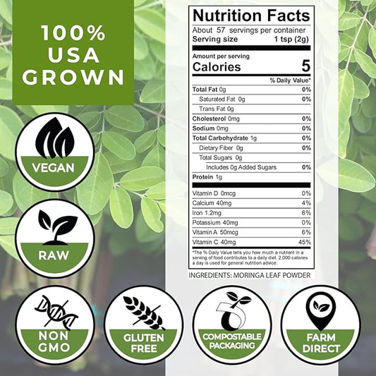 100% USA Organically Grown Moringa Leaf Powder, Premium, Non-GMO, Vegan-Raw, Gluten-Free, Pure Moringa Leaf: Energy, Weight, Recovery, Natural Superfood, Ecofriendly Package (4oz)