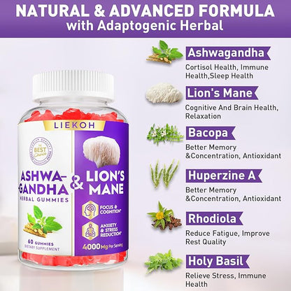 Ashwagandha Gummies - Cortisol Supplements for Women & Men - Lions Mane Gummies for Adults| Cortisol, Cognitive & Immune Support| 4000MG Ashwagandha Gummies, Berry Flavor - 60 Organic Mushroom Gummies
