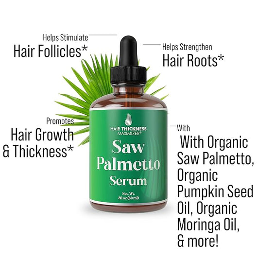 Saw Palmetto Serum for Hair Growth and Thickening - With Rosemary, Peppermint, Pumpkin Seed Oils. Vegan Moisturizing and Strengthening Scalp Treatment for Women, Men, Weak, Dry, Frizzy Hair 2oz