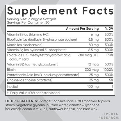 Sports Research Vitamin B-Complex - Full Spectrum of B Vitamins - Plant-Based Vegan-Friendly Formula - 60 Veggie Softgels
