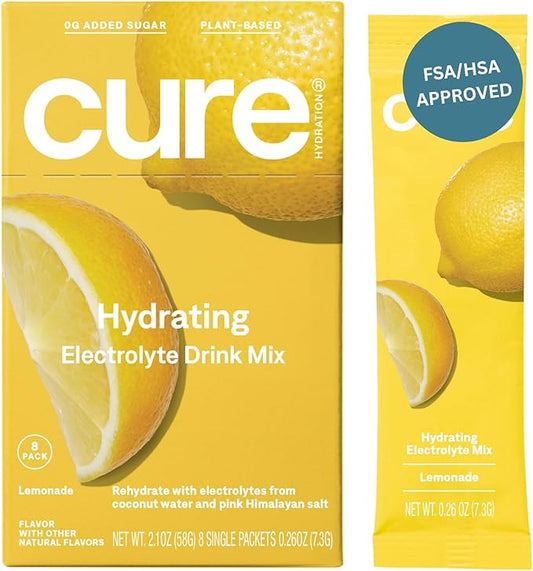 Cure Hydration | Plant-Based Electrolyte Drink Mix | No Added Sugar | FSA & HSA | Dehydration Relief Powder Made with Coconut Water | Non-GMO | Vegan | Box of 8 Packets - Lemonade