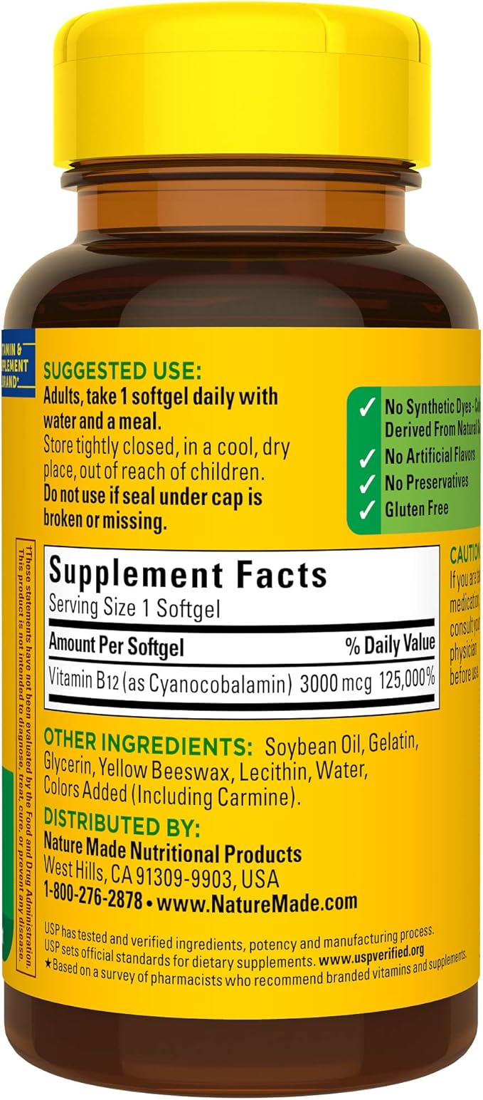 Nature Made Extra Strength Vitamin B12 3000 mcg, 60 Softgels, 60 Day