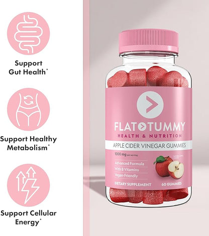 Flat Tummy Apple Cider Vinegar Gummies, 60 Count – ACV Gummies, Detox, Support Gut Health – Vegan-Friendly, Non-GMO - Beet and Pomegranate Superfood Powders, Vitamins B6, B9 & B12