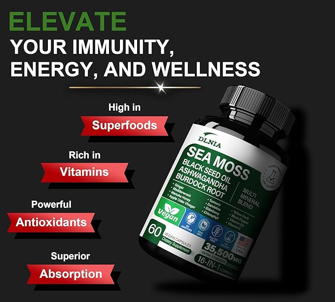 16-in-1 Organic Sea Moss 17500mg Ashwagandha 5000mg Black 4000mg Turmeric 5000mg Bladderwrack D3 with