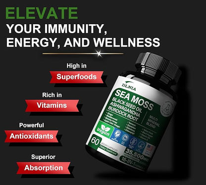 16-in-1 Organic Sea Moss 17500mg Ashwagandha 5000mg Black 4000mg Turmeric 5000mg Bladderwrack D3 with