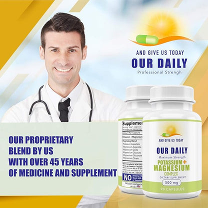 Our Daily Vites Potassium Magnesium Supplement 500mg - Powerful Magnesium Potassium Supplement with 5 Forms of Magnesium for Muscle Recovery, Leg Cramps, Gluten-Free Non-GMO - 90 Caps