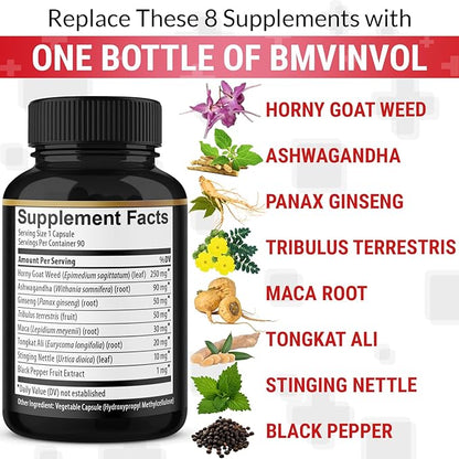 BMVINVOL Horny Goat Weed Capsules with Maca, Ginseng, Tribulus Terrestris, Ashwagandha, Black Pepper - 90 Count for 3 Month Supply
