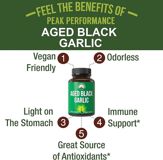 Peak Performance Aged Black Garlic Capsules.
