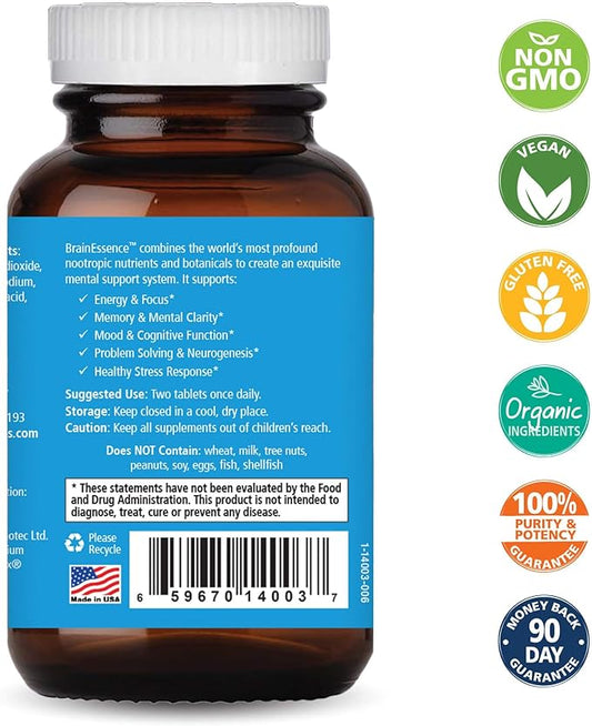 PURE ESSENCE LABS Brain Essence - Memory Supplement & Vitamin for Men, Women & Adults - Herbal Booster for Memory, Focus, Clarity & Stress Relief - Bacopa Monnieri, Ashwagandha & More (30 Tablets)