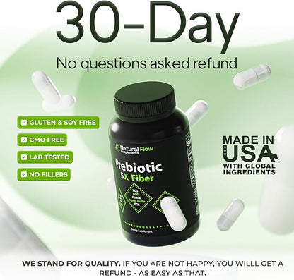 Prebiotic Fiber Supplement 5-in-1 Capsules - Natural Flow 5X Fiber XOS, GOS, FOS, Acacia and Agave Inulin, Daily Soluble Fiber Formula for Gut Support and Boost Good Bacteria Diversity, 120 Caps