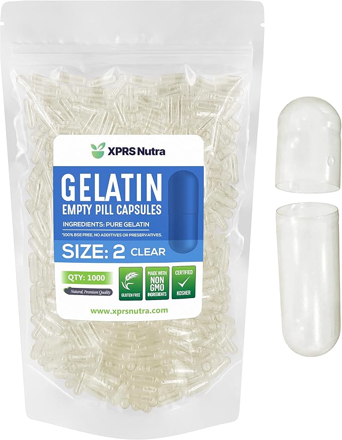 XPRS Nutra Size 2 Empty Capsules - 1000 Count Clear Empty Gelatin Capsules - Empty Pill Capsules - DIY Capsule Filling - Pure Bovine Pill Capsules Empty Gel Caps