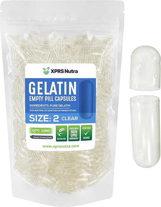 XPRS Nutra Size 2 Empty Capsules - 1000 Count Clear Empty Gelatin Capsules - Empty Pill Capsules - DIY Capsule Filling - Pure Bovine Pill Capsules Empty Gel Caps