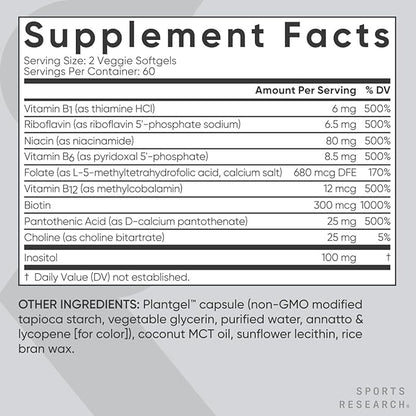 Sports Research Vitamin B-Complex - Full Spectrum of B Vitamins - Plant-Based Vegan-Friendly Formula - 120 Veggie Softgels