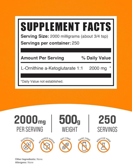 BulkSupplements.com L-Ornithine Alpha-Ketoglutarate Powder - OKG Supplement, Nitric Oxide Supplement, Ornithine Supplement - Gluten Free, 2000mg per Serving, 500g (1.1 lbs) (Pack of 1)