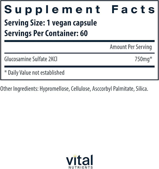 Vital Nutrients Vegan Glucosamine Sulfate 750mg | Healthy Cartilage, Mobility, and Joint Support Supplement | Vegetable Source of Glucosamine | Gluten, Dairy, Soy Free | Non-GMO | 60 Capsules