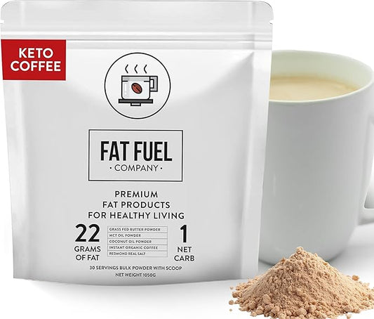 FAT FUEL Keto Coffee 22g Premium Fats - With Grass Fed Butter, MCT Oil, Coconut & Redmond Real Salt - Instant Organic Coffee, One Net Carb, A True Meal Replacement - 30 Bulk Powder Servings