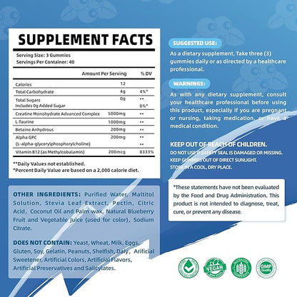 Creatine Monohydrate Gummies Complex 6400mg for Men & Women - 120 Gummies Advanced Formula, L-Taurine + Vitamin B12 for Muscle Strength, Muscle Builder, Energy Boost, Pre-Workout Supplement -Blueberry