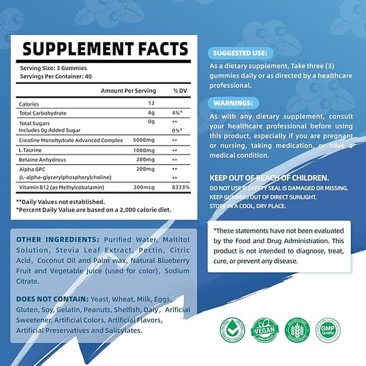 Creatine Monohydrate Gummies Complex 6400mg for Men & Women - 120 Gummies Advanced Formula, L-Taurine + Vitamin B12 for Muscle Strength, Muscle Builder, Energy Boost, Pre-Workout Supplement -Blueberry