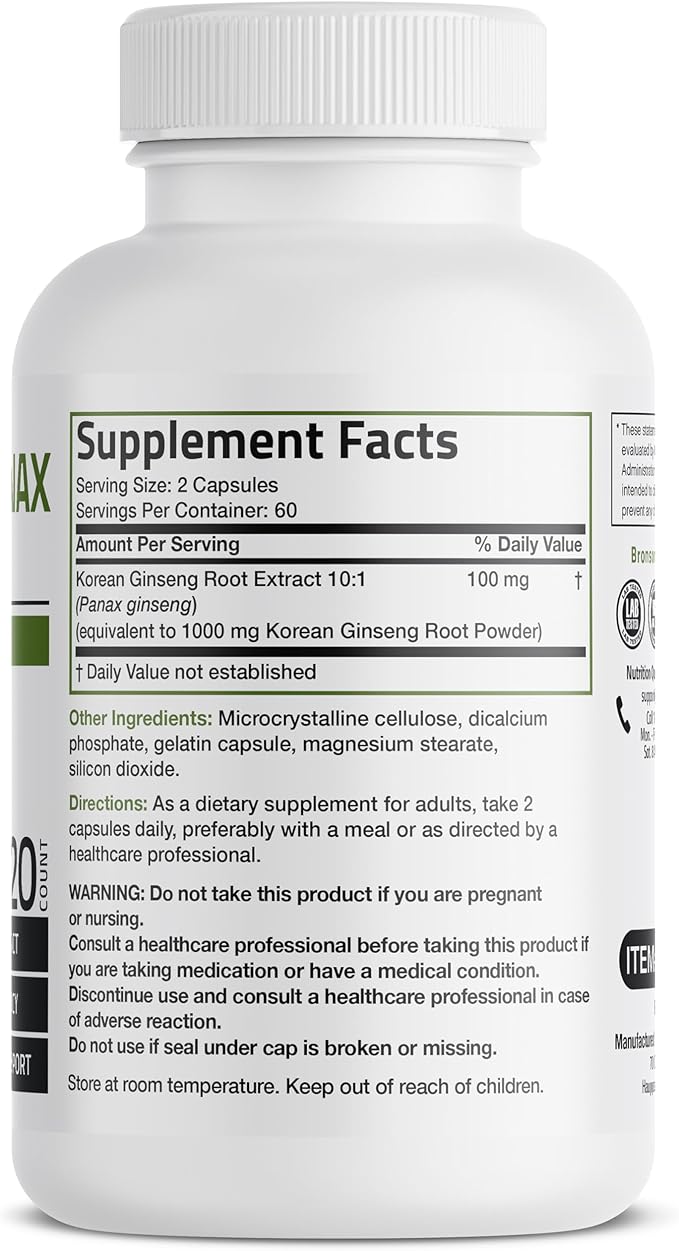 Bronson Korean Panax Ginseng Supports Energy, 120 Capsules
