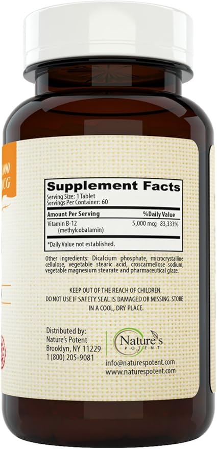 Nature's Potent Vitamin B-12, 5000mcg, Non-GMO B12) - (60 Tablets)