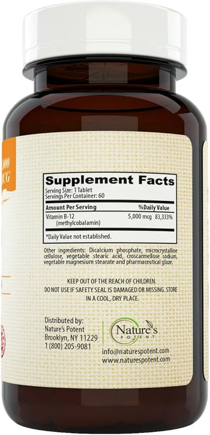 Nature's Potent Vitamin B-12, 5000mcg, Non-GMO B12) - (60 Tablets)