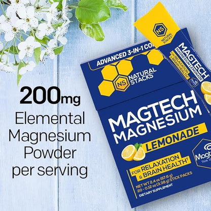 MagTech Magnesium Lemonade Drink Mix - Chelated Magnesium Complex - 3 Forms of Magnesium: Magtein Magnesium L-Threonate, Glycinate & Taurate - Supports Relaxation & Brain Health*, 20 Stick Packs