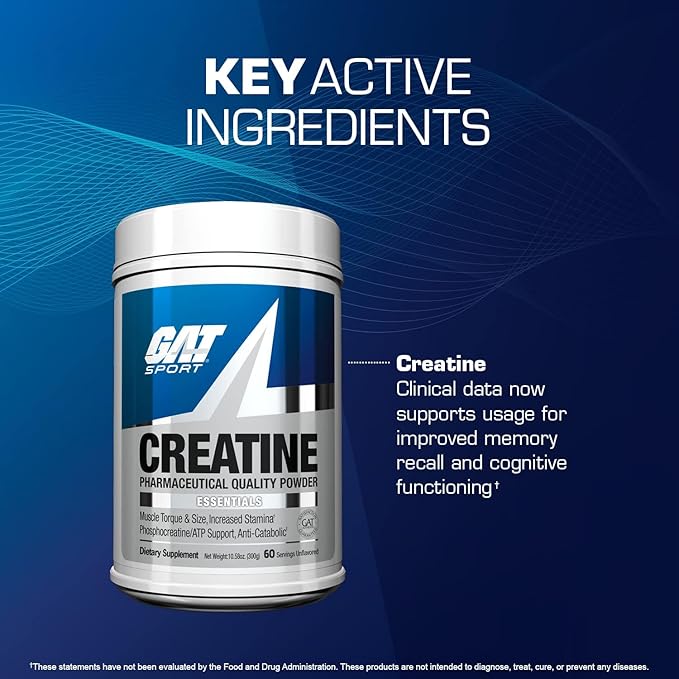 GAT SPORT Creatine Monohydrate Powder, Strength, Brain Health, Anti-oxidant, Endurance, for Men & Women, Unflavored (60 Servings)