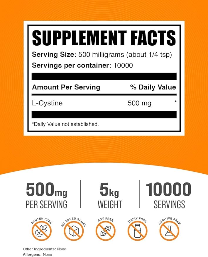 BulkSupplements.com L-Cystine Powder - L-Cystine 500mg, L-Cystine Supplement, Amino Acid Supplement - for Immune Support, Gluten Free, 500mg per Serving, 5kg (11 lbs) (Pack of 5)