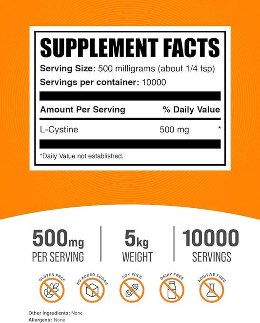 BulkSupplements.com L-Cystine Powder - L-Cystine 500mg, L-Cystine Supplement, Amino Acid Supplement - for Immune Support, Gluten Free, 500mg per Serving, 5kg (11 lbs) (Pack of 5)