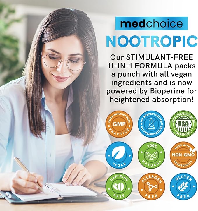 11-in-1 Nootropic Brain Supplements: Memory & Focus Supplement with Ginkgo Biloba, L Theanine, Bioperine, & Alpha GPC Choline - 1321mg, 60ct - Stimulant Free, Vegan - Focus Brain Support (2 pack)