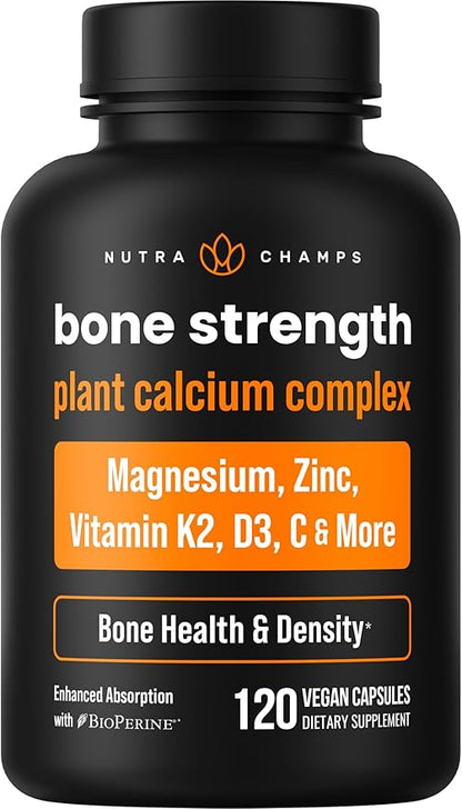 Bone Strength Supplements | Plant Based Calcium Supplement 600mg | Vitamin D3 2000 IU, K2, Magnesium, Potassium, Zinc, Boron & Strontium | Whole Food Supplement for Bone Health | 120 Vegan Capsules