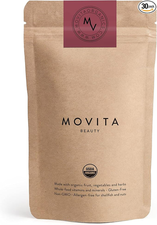 Movita Beauty – Promotes Healthy Hair, Skin & Nails with Biotin & Choline –Fermented Whole Foods, Organic, Vegan, Gluten-Free, Non-GMO – 30-Day Supply (Eco-Friendly Pouch)