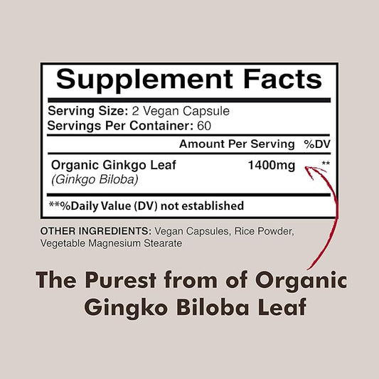 Ginkgo Biloba 1400mg, Organic Ginkgo Biloba, 120 Veg