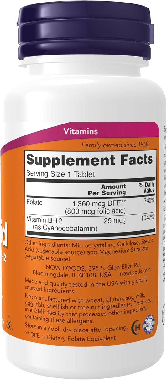 NOW Supplements, Folic Acid 800 mcg B-12 (Cyanocobalamin) 25 mcg, 250 Tablets