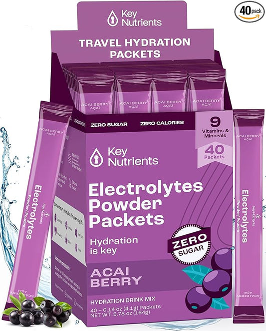 KEY NUTRIENTS Multivitamin Electrolytes Powder Packets - Delicious Acai Berry 40 Pack Hydration Packets - Travel Hydration Powder - No Sugar, No Calories, Gluten Free - Made in USA