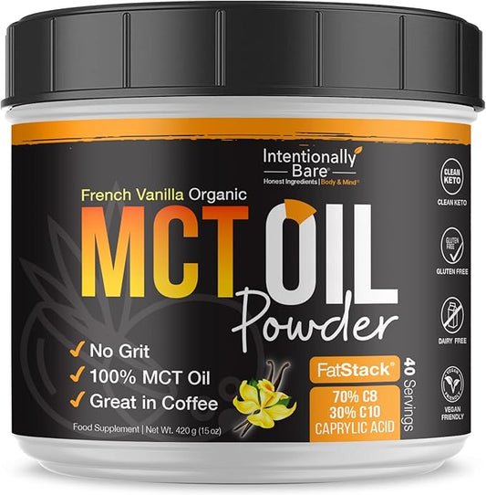 Intentionally Bare MCT Oil Powder French Vanilla MCT Coffee Creamer - C8 MCT Oil Powder for Energy Mood & Metabolism - No Grit MCT Powder Excellent in Baking Shakes & Keto Creamer for Coffee - 40 Ser