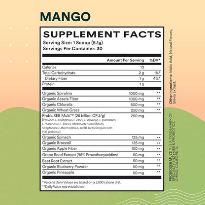 Cira Daily Greens - Naturally Sweetened, Organic Spirulina Superfood Powder with Premium, Antioxidant-Rich Ingredients for Debloating, Digestion, & Energy - Mango, 30 Servings