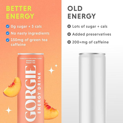 GORGIE Sugar Free Natural Energy Drinks, Sparkling Peach Tea (12 Pack) - Healthy Energy Drinks - Natural Coffee Replacement with Green Tea Caffeine and Biotin - 150mg Caffeine, Vegan, & Low Calorie