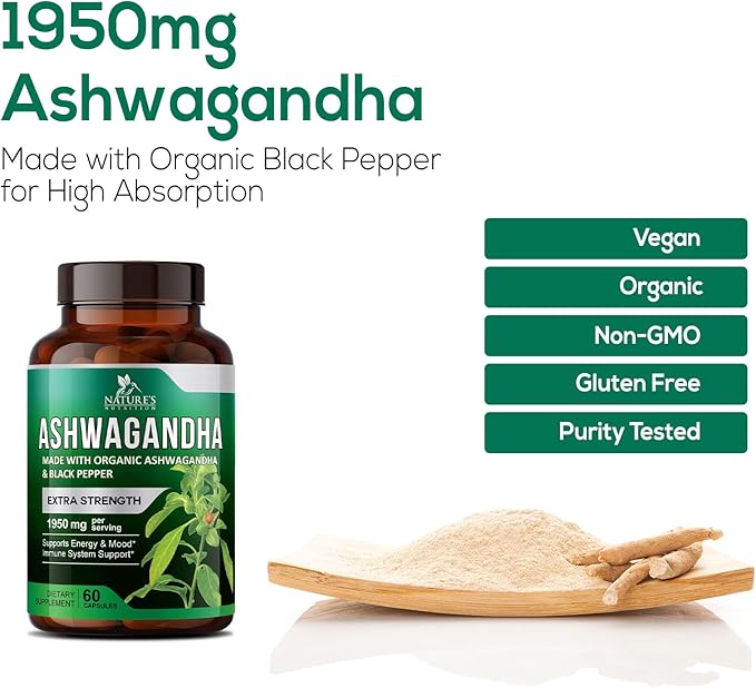 Nature's Nutrition Organic Ashwagandha Capsules Extra 1950mg - 60 Capsules