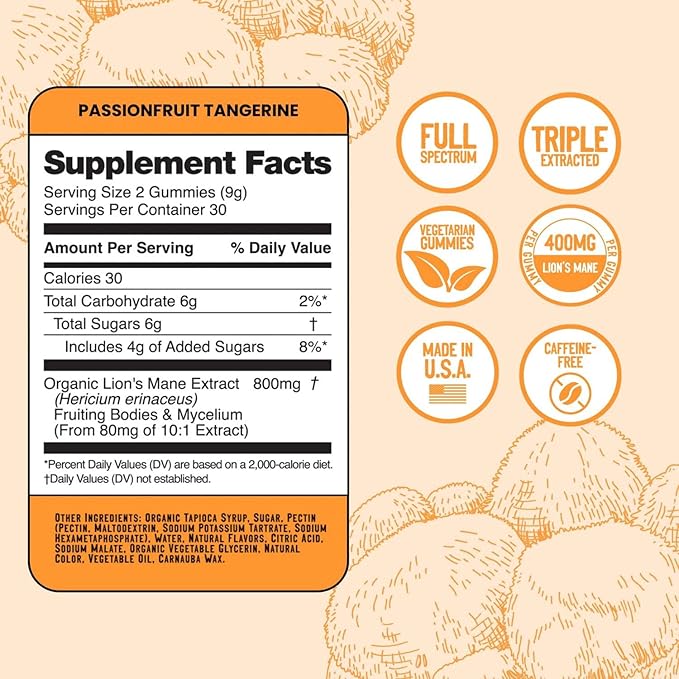 Troomy Lion's Mane Focus Gummies 60 Count - Natural Tangerine and Passionfruit Flavor, Gelatin-Free, Gluten-Free, Vegetarian