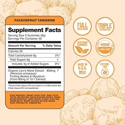 Troomy Lion's Mane Focus Gummies 60 Count - Natural Tangerine and Passionfruit Flavor, Gelatin-Free, Gluten-Free, Vegetarian