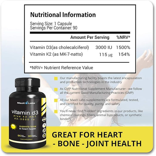 Vitamin D3 K2 3000 IU MK-7 from D3 K2 K2 Supplement 90 Capsules