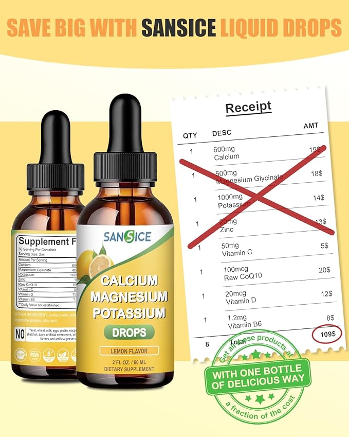 Calcium Magnesium Potassium Supplement Liquid,400mg Magnesium Glycinate,600mg Calcium (60ml/Lemon Flavor)